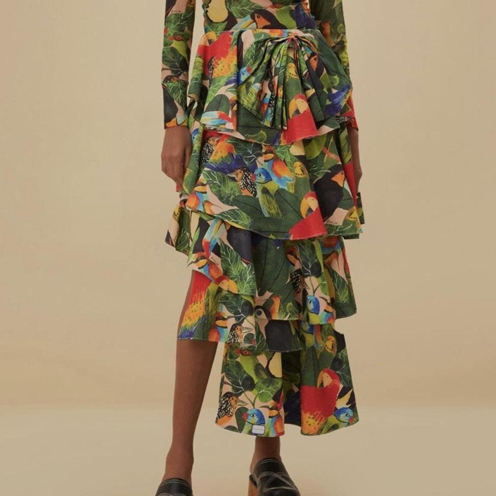 Farm Rio Bird Leaves Sand Tiered Bow Detail Maxi Skirt, M